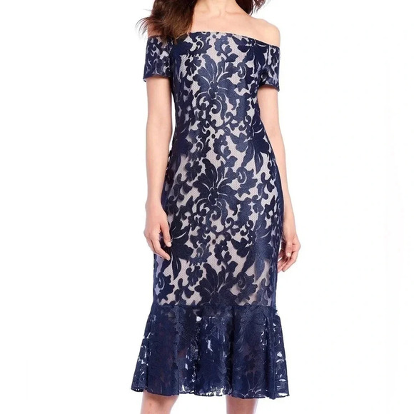 Calvin Klein Off-The-Shoulder Lace Trumpet Evening Midi Dress - Picture 2 of 10